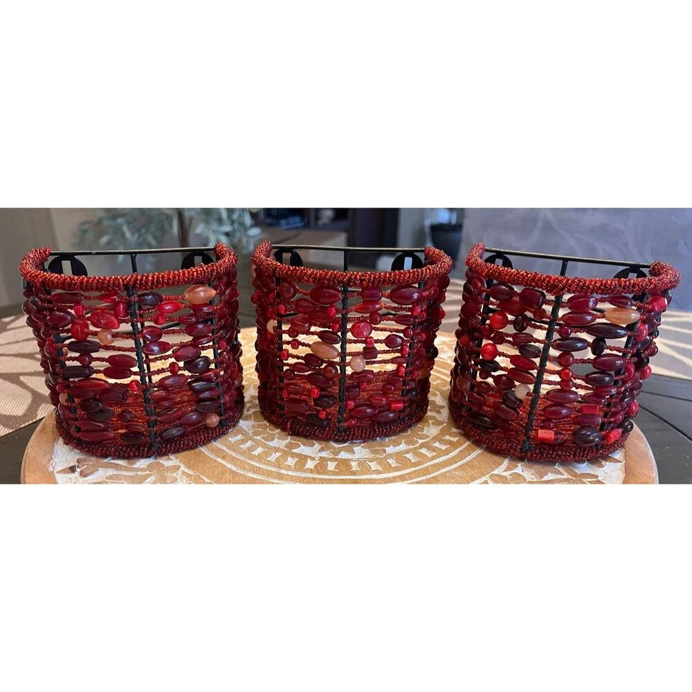 Pottery Barn Red Beaded Votive Candle Holder Sconces Wall Mount Set of 3